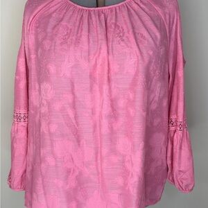 Rafaella Blouse Womens 2X Pink Floral Cold Shoulder 3/4 Sleeve Crochet Top